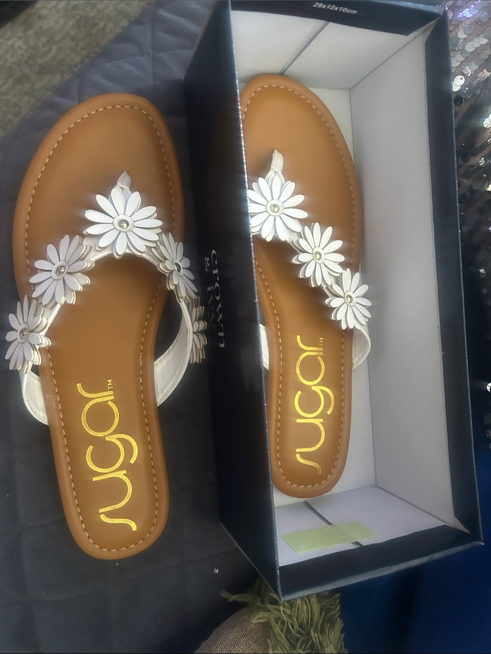 Sugar White Daisy Embellished Tan Slide Sandals